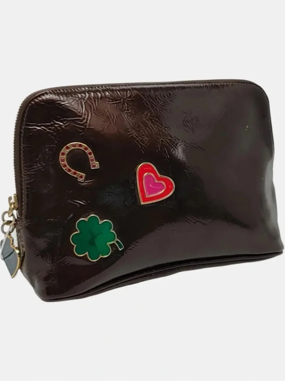 Loewe Dark Brown Patent Cosmetic Pouch with Enamel Charms